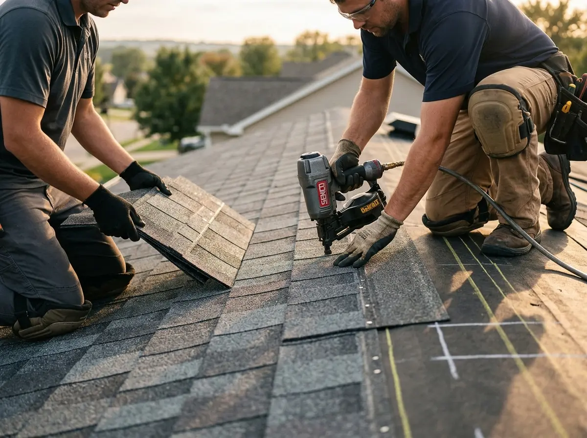 Professional roofer working on a residential roof in Golden Gate